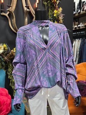 Free People Purple Paisley Striped V-Neck Blouse